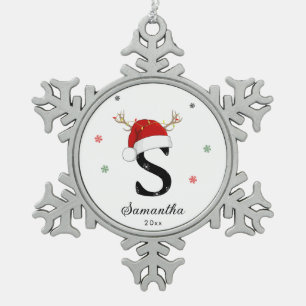 Letter Name Santa Hat   Monogram   Custom Initial Snowflake Pewter Christmas Ornament