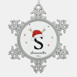 Letter Name Santa Hat   Monogram   Custom Initial Snowflake Pewter Christmas Ornament