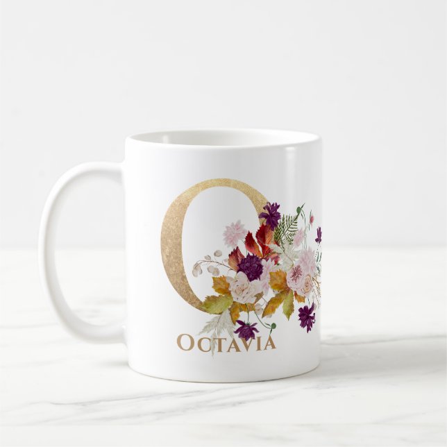 Letter O - Gold Floral Name sister coworker friend Coffee Mug (Left)