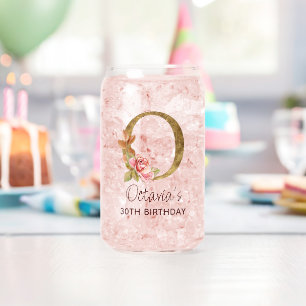Letter O Gold Monogram Blush Pink Roses Can Glass