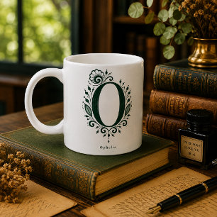 Letter O Linocut Botanical Personalised Mug