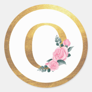 Letter O Monogram Pink Roses Floral & Elegant Gold Classic Round Sticker