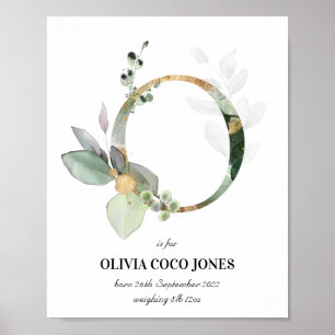 Letter O New Baby Monogram Birth Print Greenery