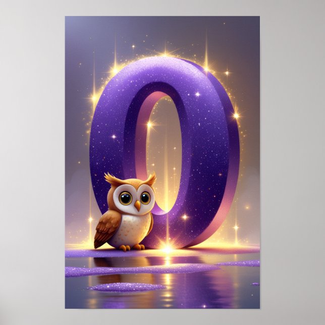 Letter O with Owl Poster Glitter Purple Alphabet (Front)