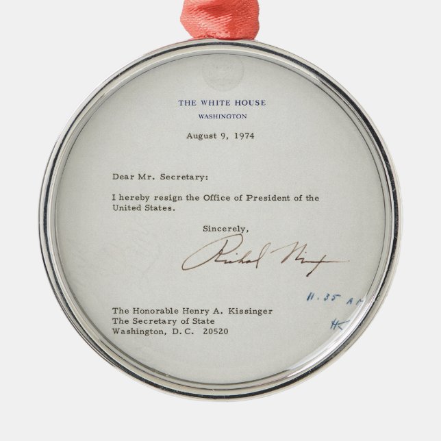 Letter of Resignation of Richard M. Nixon 1974 Metal Tree Decoration (Front)