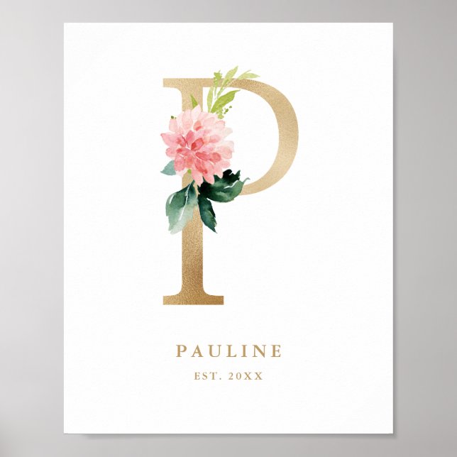 Letter P Blush Floral Monogram Gold Foil Nursery Poster (Front)