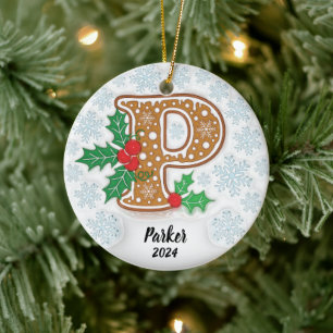 Letter P Custom Name Monogram Christmas Ceramic Tree Decoration