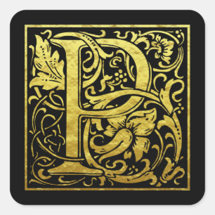 Letter P First Letter Faux Gold Black Square Sticker