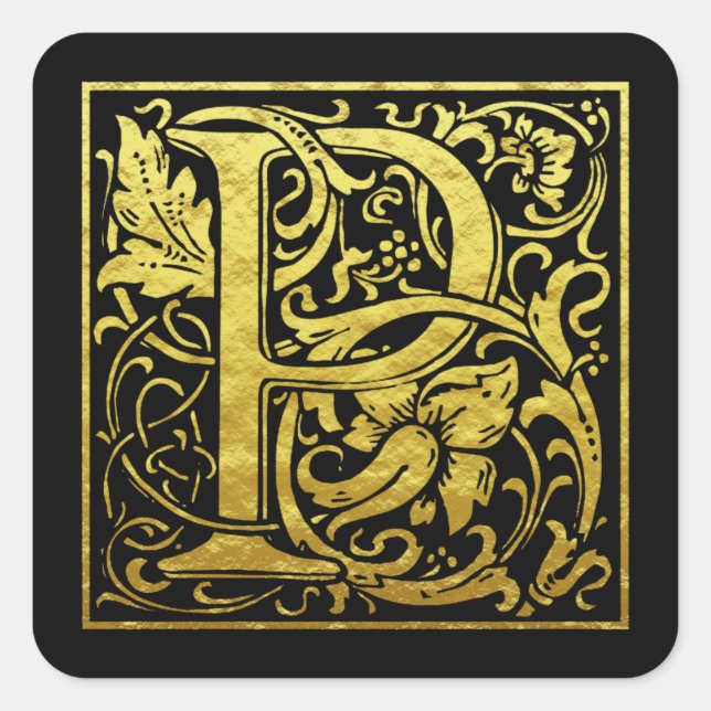 Letter P First Letter Faux Gold Black Square Sticker (Front)