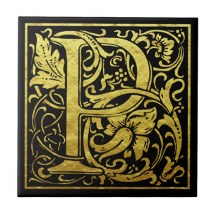 Letter P First Letter Faux Gold Black Tile