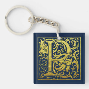 Letter P First Letter Faux Gold on Midnight Blue Key Ring