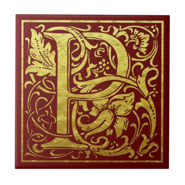 Letter P First Letter Faux Gold Red Tile (Front)