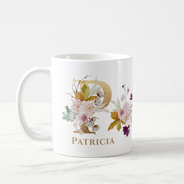 Letter P - Gold Floral Name sister coworker friend Coffee Mug (Left)