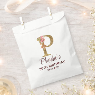 Letter P Gold Monogram Blush Pink Roses Favour Bags