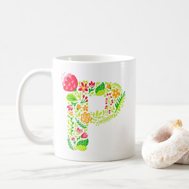 Letter P in Flowers Coffee Mug (With Donut)