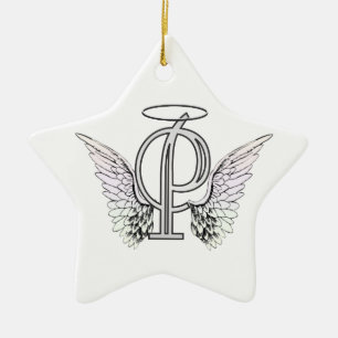 Letter P Initial Monogram with Angel Wings & Halo Ceramic Tree Decoration