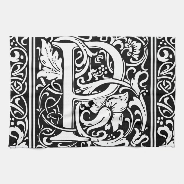 Letter P Mediaeval Monogram Art Nouveau Tea Towel (Horizontal)