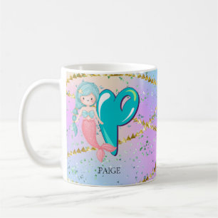 Letter P Monogram Watercolor Cute Mermaid Nursery Coffee Mug