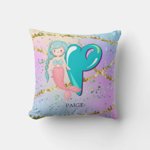 Letter P Monogram Watercolor Cute Mermaid Nursery Cushion