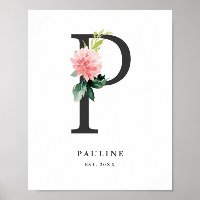 Letter P Monogram Watercolor Peach Florals Nursery Poster (Front)