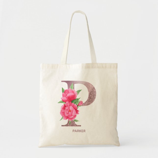 Letter P Personalised Floral Monogram Tote Bag (Front)