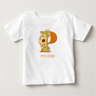 Letter P Sunflower Floral Monogram with Name Baby T-Shirt
