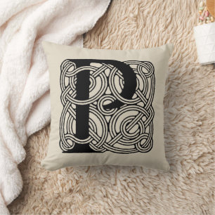 Letter P Vintage Celtic Knot Monogram Cushion