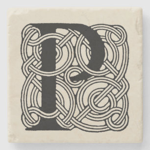 Letter P Vintage Celtic Knot Monogram Stone Coaster