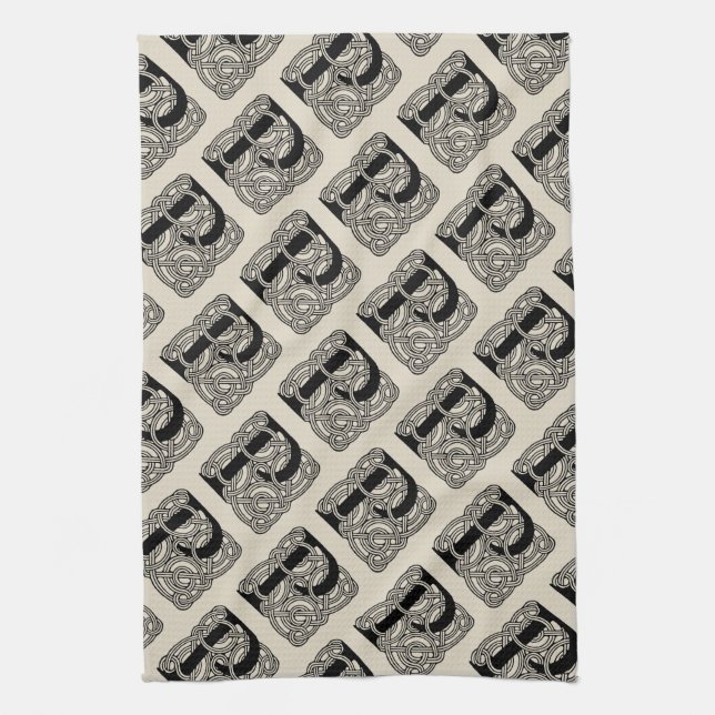 Letter P Vintage Celtic Knot Monogram Tea Towel (Vertical)