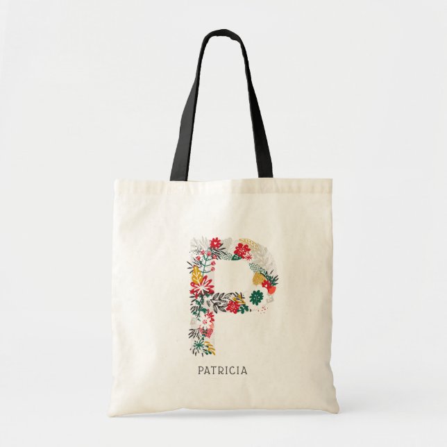 Letter P | Whimsical Floral Letter Monogram I Tote Bag (Front)