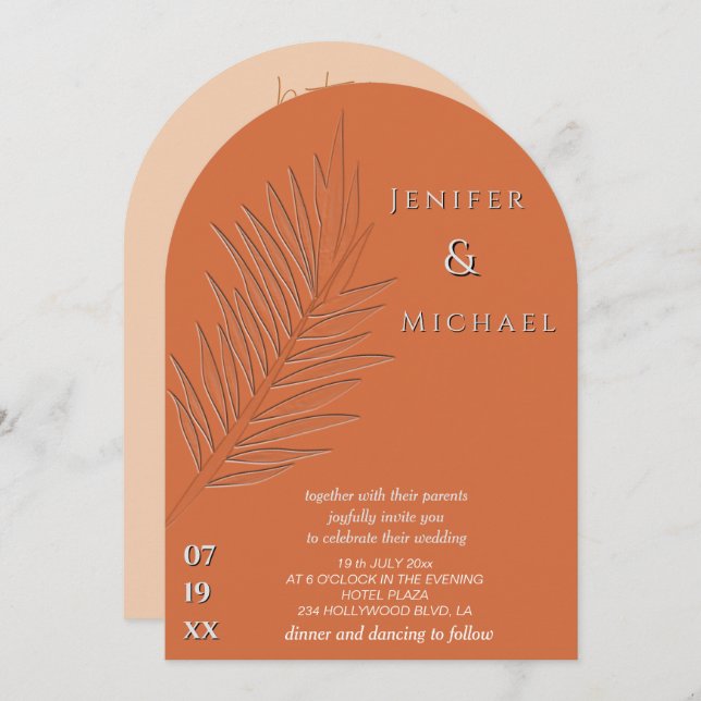 Letter press palm leaf tropical arch all in one  invitation (Front/Back)