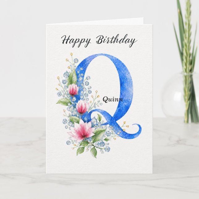 Letter Q Birthday Custom Name Her Blue Monogram Card (Front)