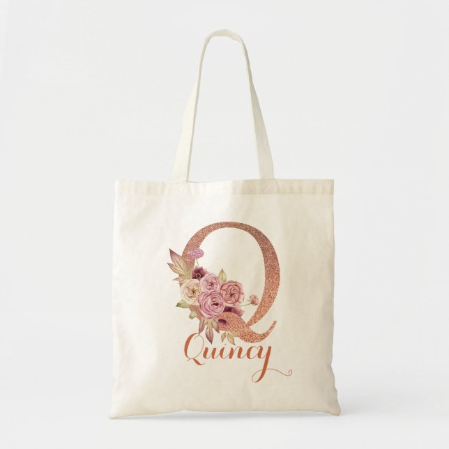 Letter Q Blush pink Glitter Floral Monogram  Tote Bag (Front)