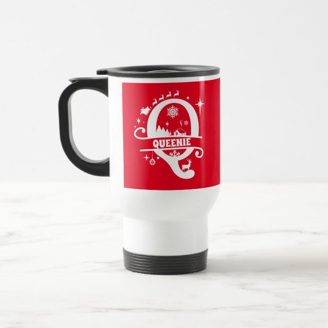 Letter Q Christmas Monogram Initial Name Red  Travel Mug (Left)