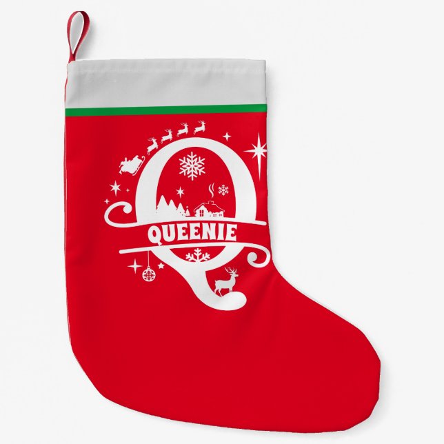 Letter Q Christmas Monogram Initial Name Red White Small Christmas Stocking (Front)