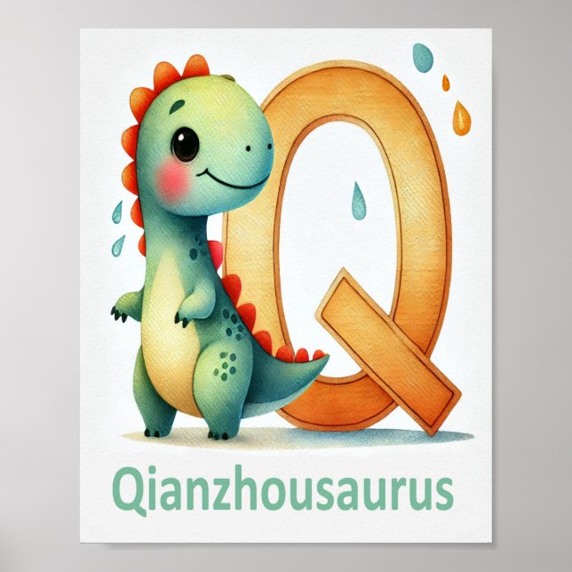 Letter Q, Dinosaur Alphabet Watercolor Poster (Front)