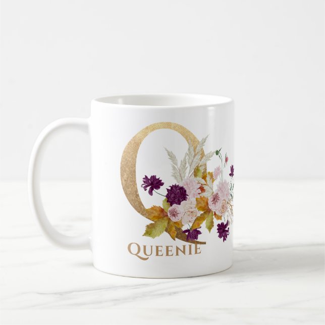 Letter Q - Gold Floral Name sister coworker friend Coffee Mug (Left)