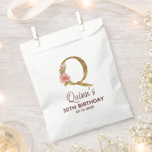 Letter Q Gold Monogram Blush Pink Roses Favour Bags
