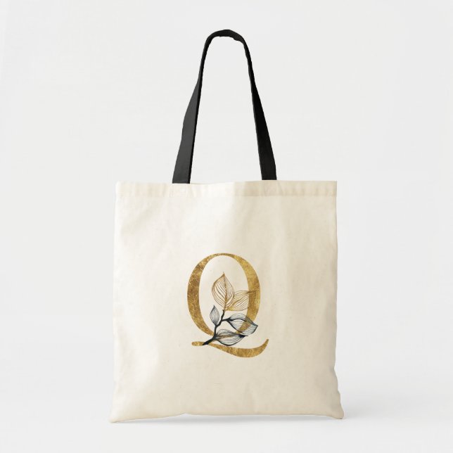 *~* Letter Q Gold Monogram Initial Black Leaves Tote Bag (Front)
