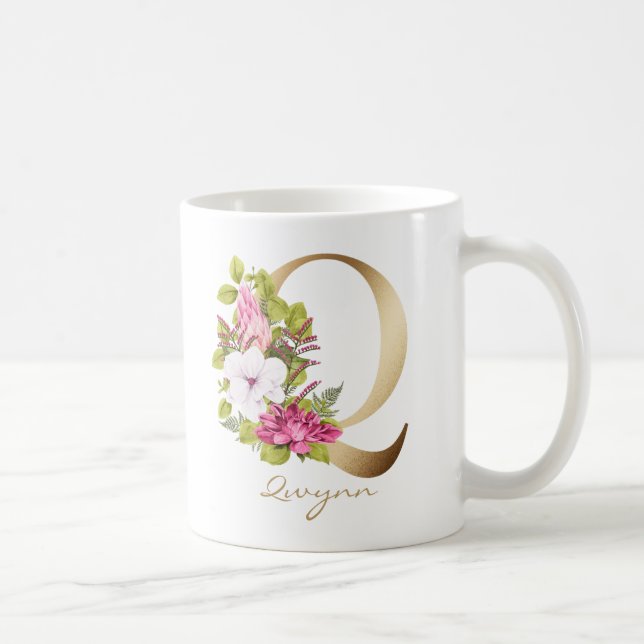 Letter Q Gold Monogram Pink White Magenta Floral Coffee Mug (Right)