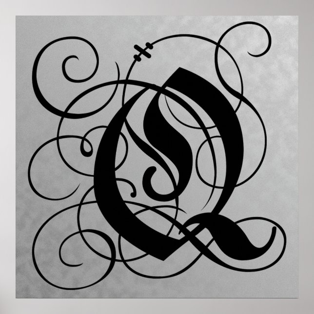 Letter Q, Gothic Monogram Black Poster (Front)