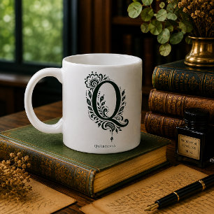 Letter Q Linocut Botanical Personalised Mug