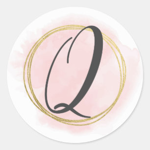 Letter Q Monogram Blush Pink Watercolor Gold Chic Classic Round Sticker