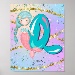 Letter Q Monogram Watercolor Cute Mermaid Nursery Poster