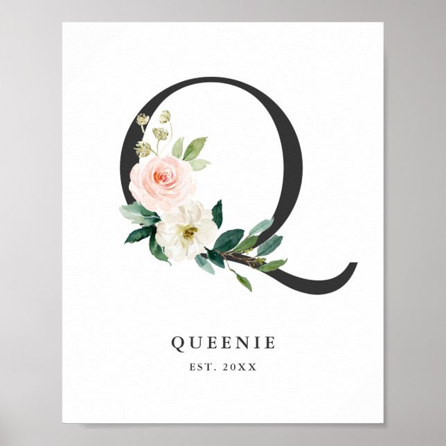 Letter Q Monogram Watercolor Peach Florals Nursery Poster (Front)