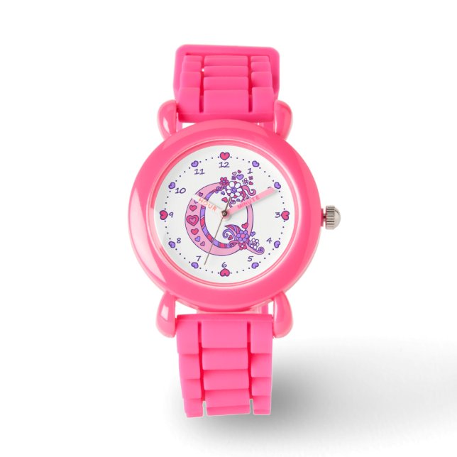 Letter Q pink monogram personalised girls watch (Front)