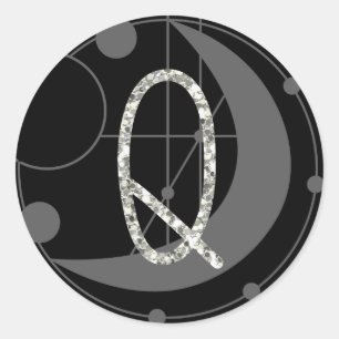 Letter Q Rune Runic Monogram Geometric Moon Black Classic Round Sticker