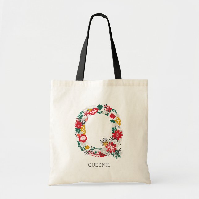 Letter Q | Whimsical Floral Letter Monogram I Tote Bag (Front)