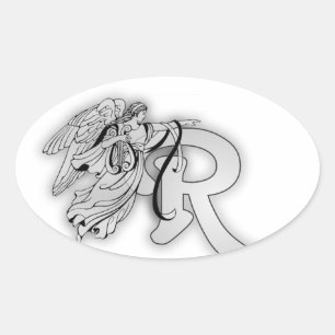 Letter R Angel Monogram Initial Oval Sticker