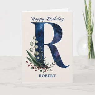 Letter R Birthday for Him Personalised Name Blue Card